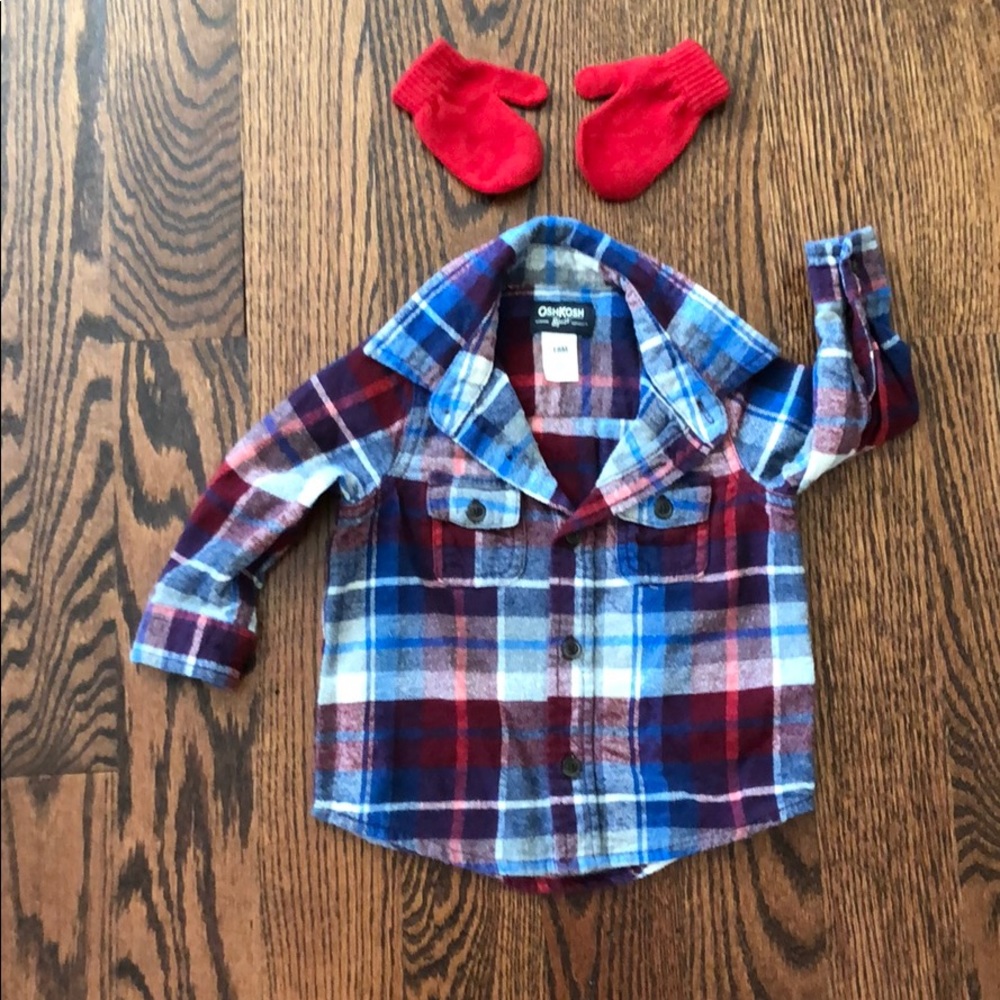 Flannel button down shirt and mittens - Picture 1 of 7